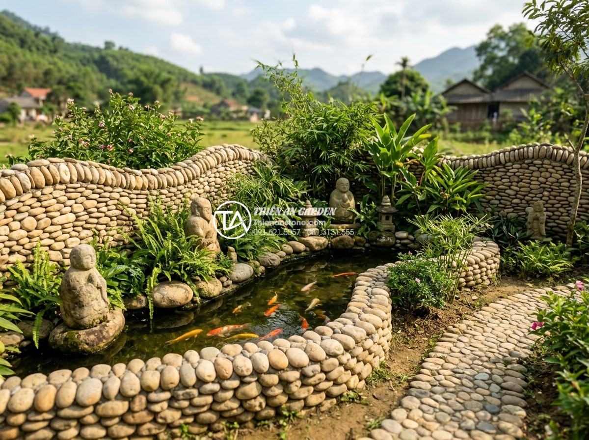 Báo giá thi công tiểu cảnh làng quê Bắc Bộ trọn gói mới nhất 2026 - Lush green garden integration with Northern Vietnam rural stone landscape featur
