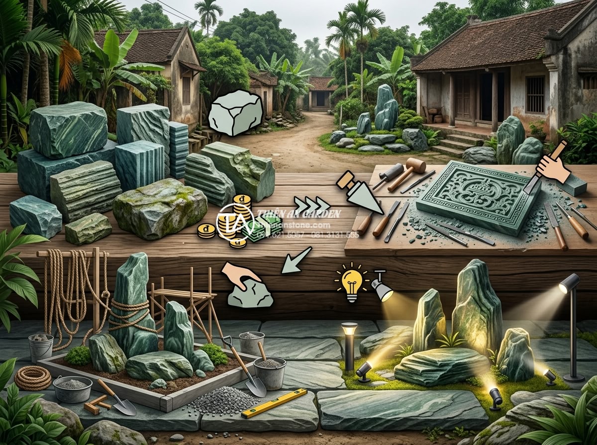Báo giá thi công tiểu cảnh làng quê Bắc Bộ trọn gói mới nhất 2026 - Detailed cost breakdown infographic of stone materials, carving labor, installat