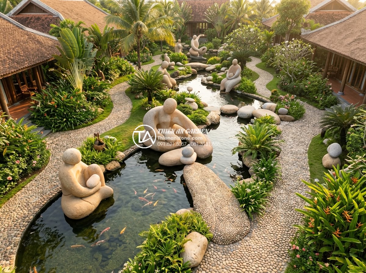 Biến tấu đá cuội thành tác phẩm nghệ thuật: 5 mẫu điêu khắc đá cuội - Aerial view of luxury resort garden featuring multiple artistic pebble stone scu