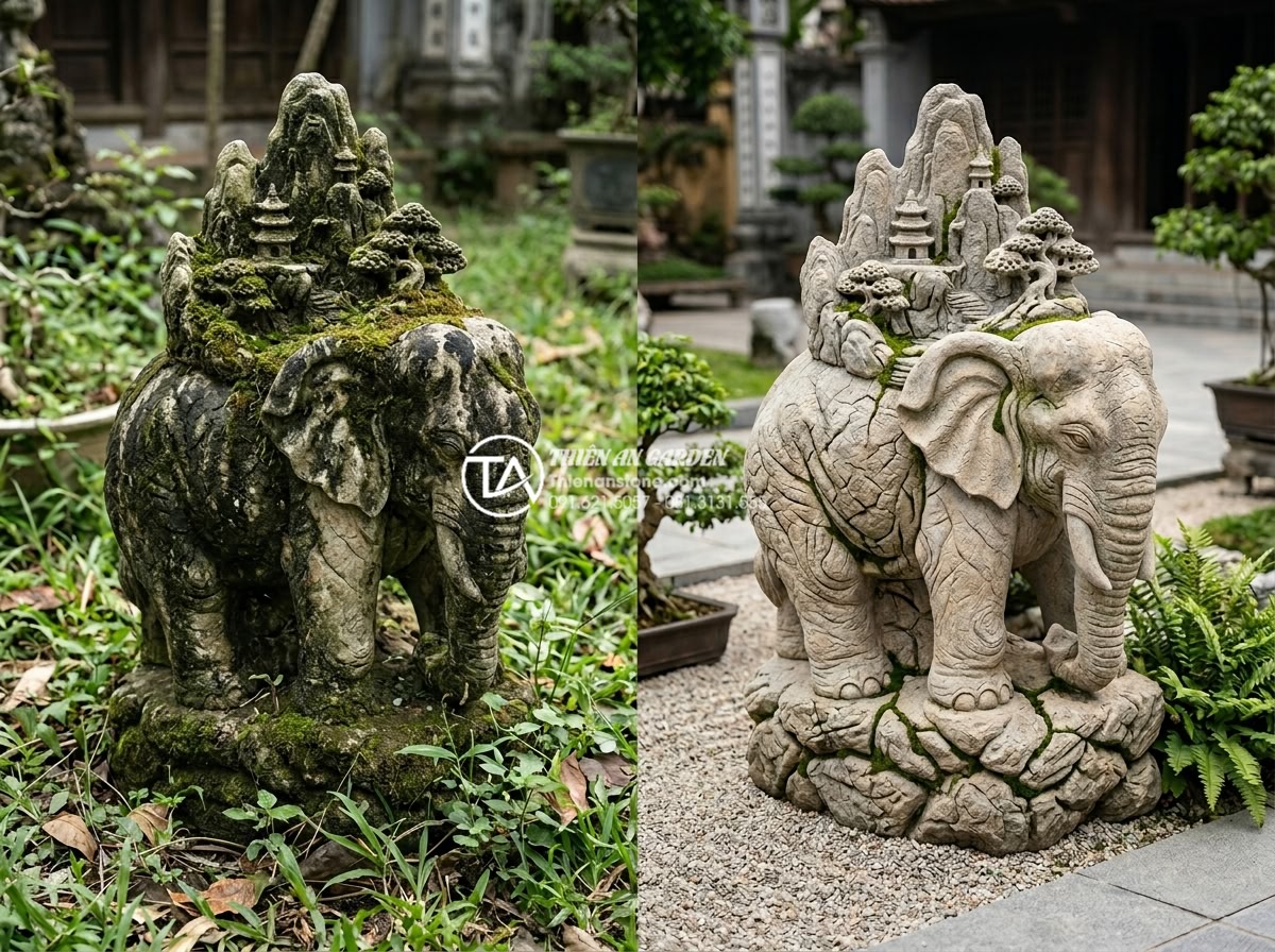 Biến tấu đá cuội thành tác phẩm nghệ thuật: 5 mẫu điêu khắc đá cuội - Before and after comparison of a well-maintained carved pebble stone garden scul
