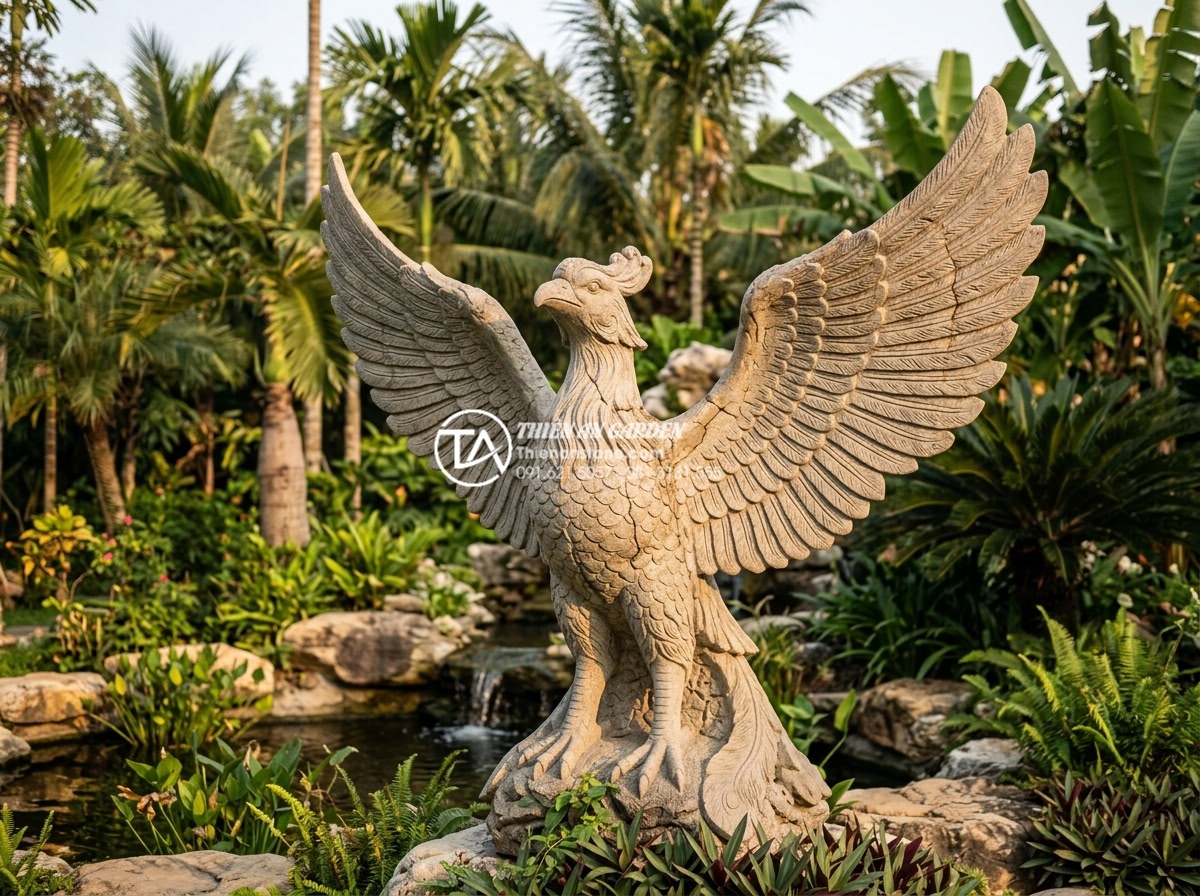 Biến tấu đá cuội thành tác phẩm nghệ thuật: 5 mẫu điêu khắc đá cuội - Majestic hand-carved river stone sculpture of a phoenix with spread wings and de