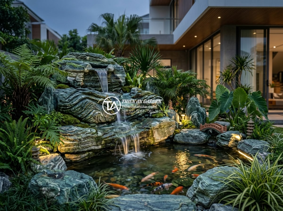 Biến tấu đá cuội thành tác phẩm nghệ thuật: 5 mẫu điêu khắc đá cuội - Integrated garden feature combining carved pebble stone waterfall flowing into a