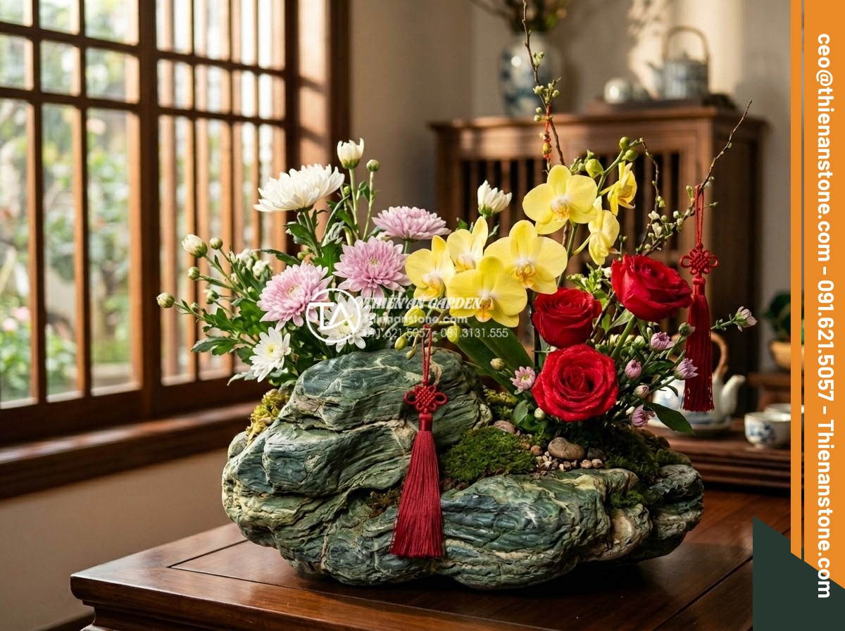 Cách chăm sóc hoa trong tiểu cảnh đá để tươi lâu suốt 3 tuần Tết - Professional close-up photograph of elegant Vietnamese Tet stone flower arrangem