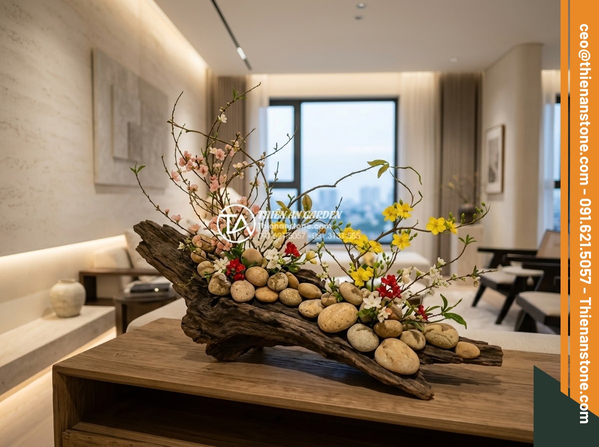Cách chăm sóc hoa trong tiểu cảnh đá để tươi lâu suốt 3 tuần Tết - Modern 2026 Vietnamese Tet stone flower arrangement trend: elegant combination o