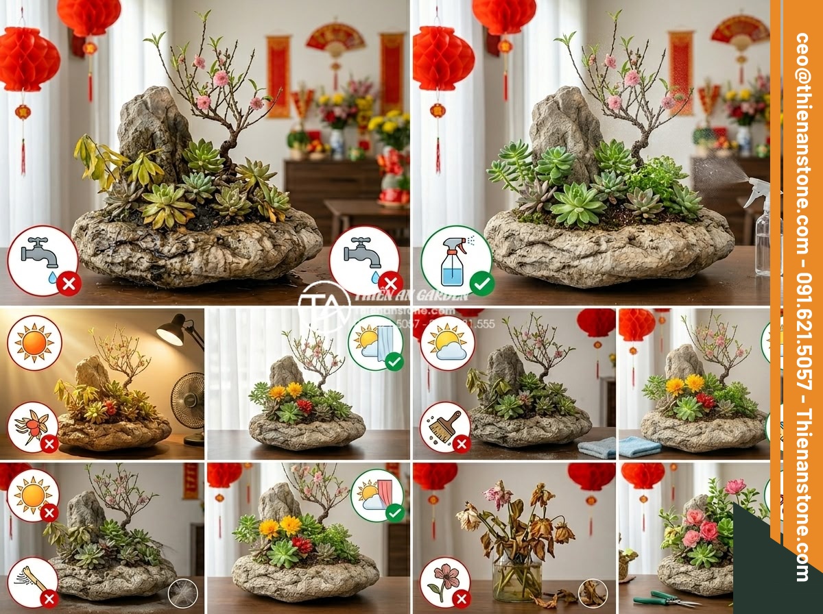 Cách chăm sóc hoa trong tiểu cảnh đá để tươi lâu suốt 3 tuần Tết - Educational infographic style image showing common mistakes in caring for stone 