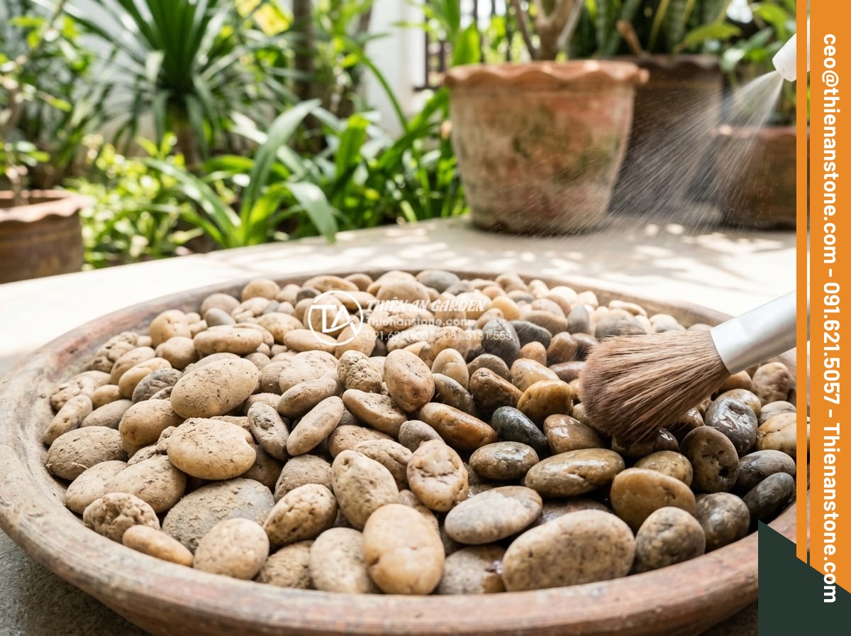 Cách chăm sóc hoa trong tiểu cảnh đá để tươi lâu suốt 3 tuần Tết - Step-by-step preparation of natural stone base for Tet flower arrangement: clean