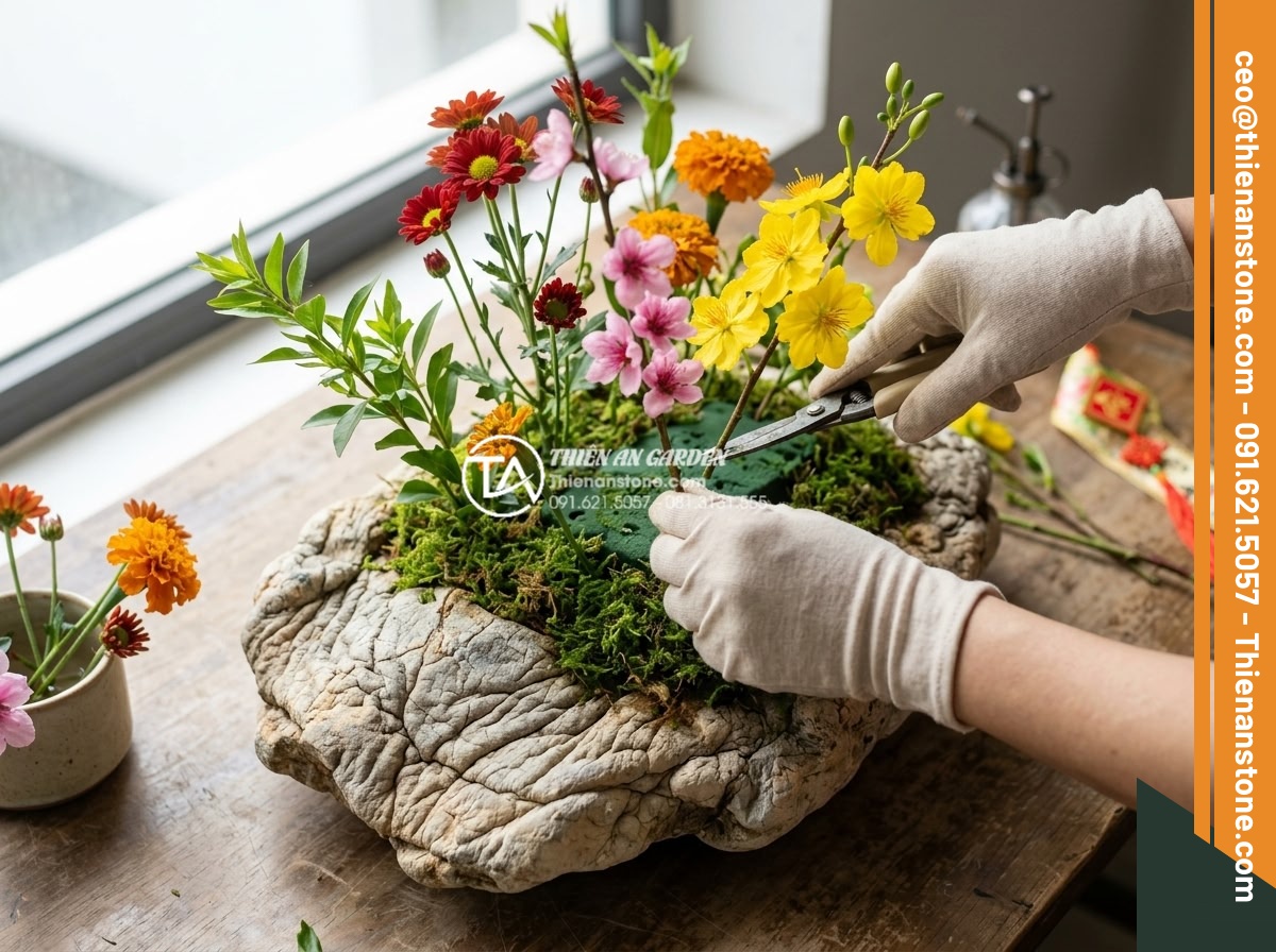 Cách chăm sóc hoa trong tiểu cảnh đá để tươi lâu suốt 3 tuần Tết - Expert floral arrangement technique on natural stone for Vietnamese New Year: fr