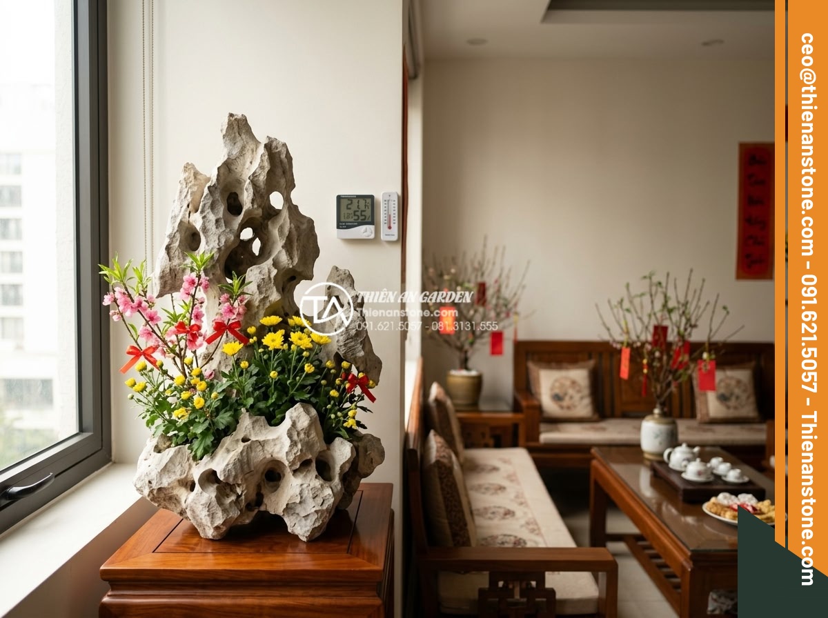 Cách chăm sóc hoa trong tiểu cảnh đá để tươi lâu suốt 3 tuần Tết - Beautifully lit indoor Vietnamese home during Tet holiday showing perfectly main