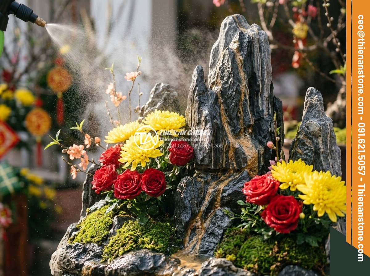 Cách chăm sóc hoa trong tiểu cảnh đá để tươi lâu suốt 3 tuần Tết - Close-up of proper watering technique for stone-based Tet flower arrangement: us