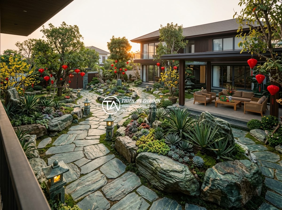 Cách chọn cây sen đá (hoa đá) phù hợp với tiểu cảnh đá cảnh ngày Tết - Beautiful elevated view of a spacious modern Vietnamese villa garden during Tet 