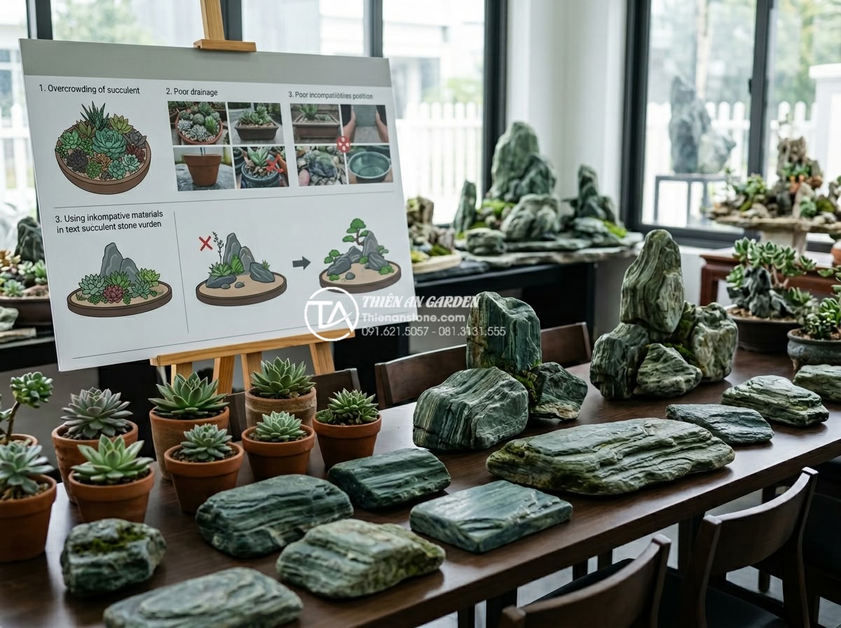 Cách chọn cây sen đá (hoa đá) phù hợp với tiểu cảnh đá cảnh ngày Tết - Professional consultation scene at a stone showroom where an expert from Thien A