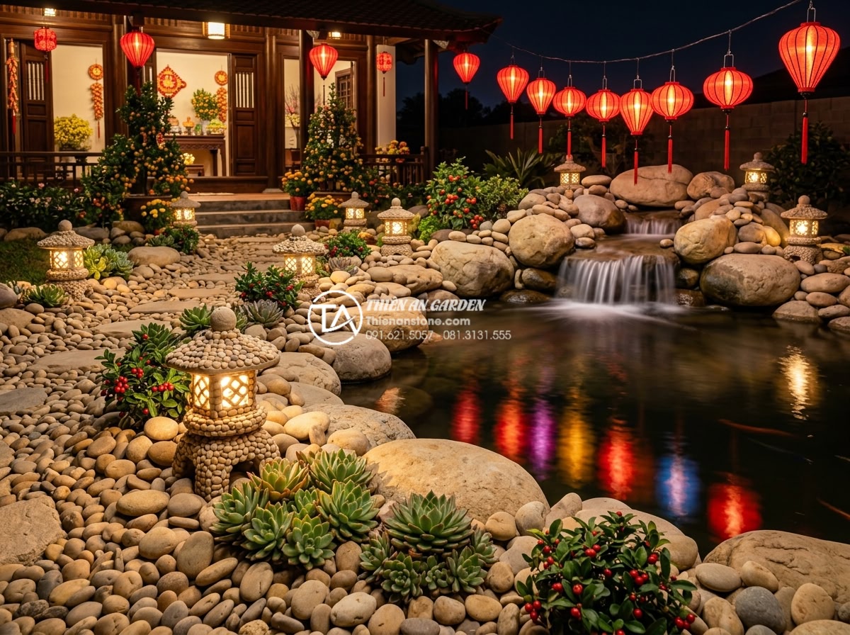 Cách chọn cây sen đá (hoa đá) phù hợp với tiểu cảnh đá cảnh ngày Tết - Final inspiring image of a stunning completed Vietnamese Tet stone landscape at 