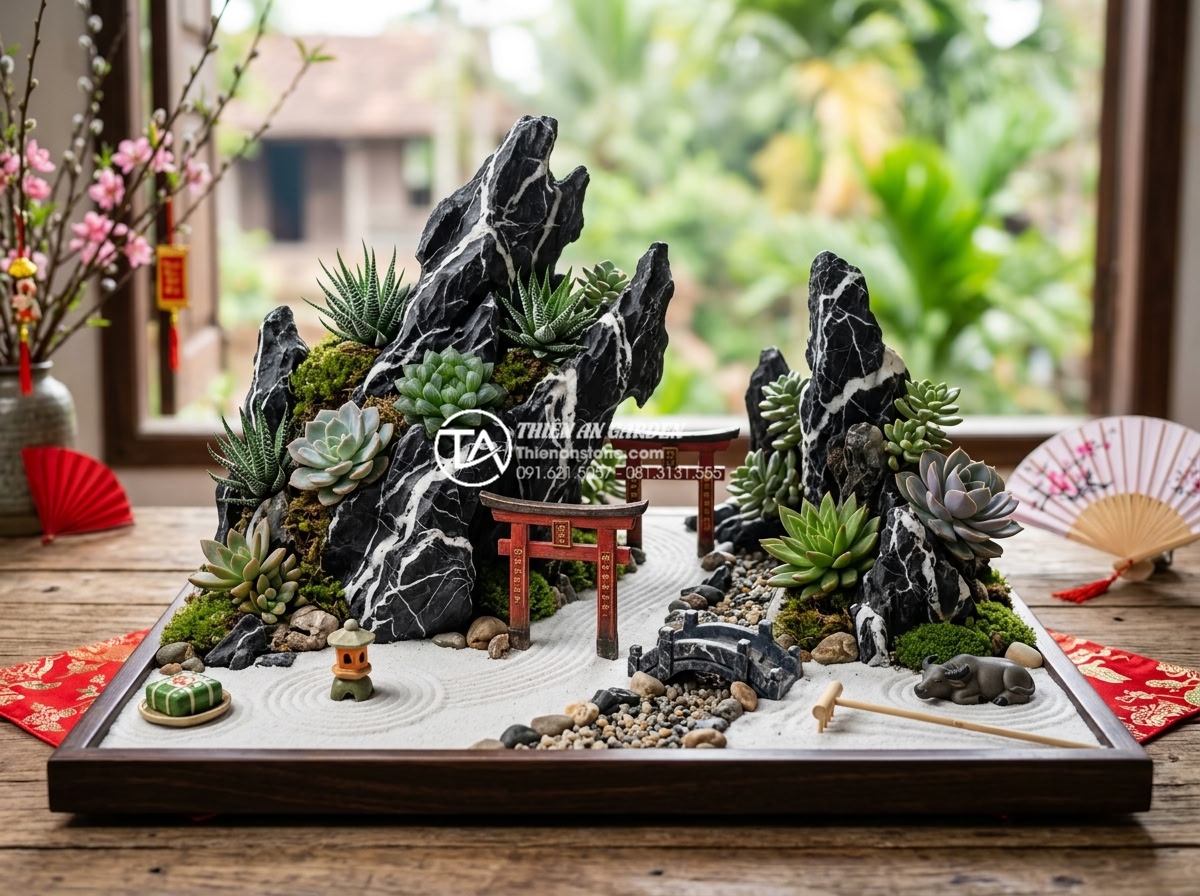 Cách chọn cây sen đá (hoa đá) phù hợp với tiểu cảnh đá cảnh ngày Tết - Detailed realistic photograph of a miniature Japanese-inspired stone garden with