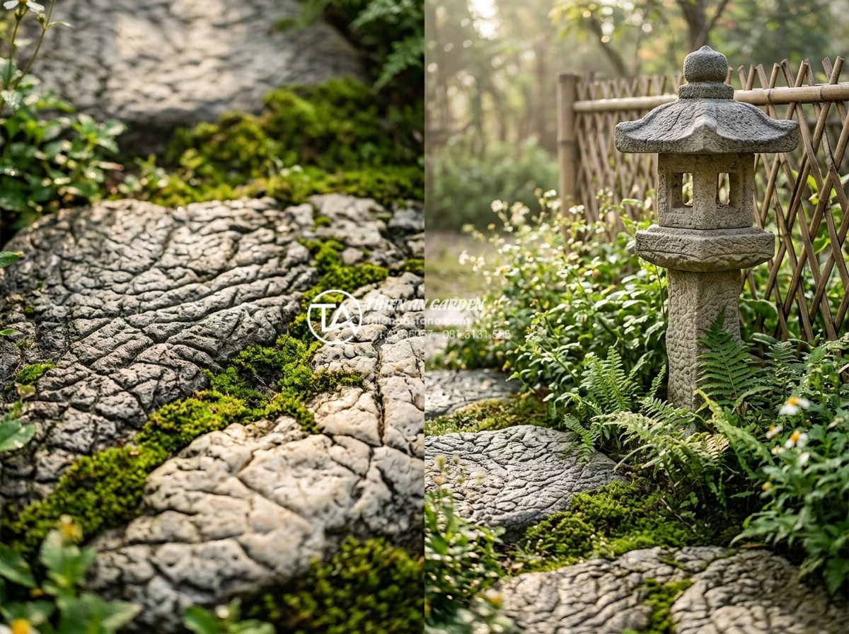 Cách chọn đá tự nhiên làm tiểu cảnh làng quê bền đẹp vĩnh cửu - Close-up photorealistic detail of natural stone elements in a Vietnamese country