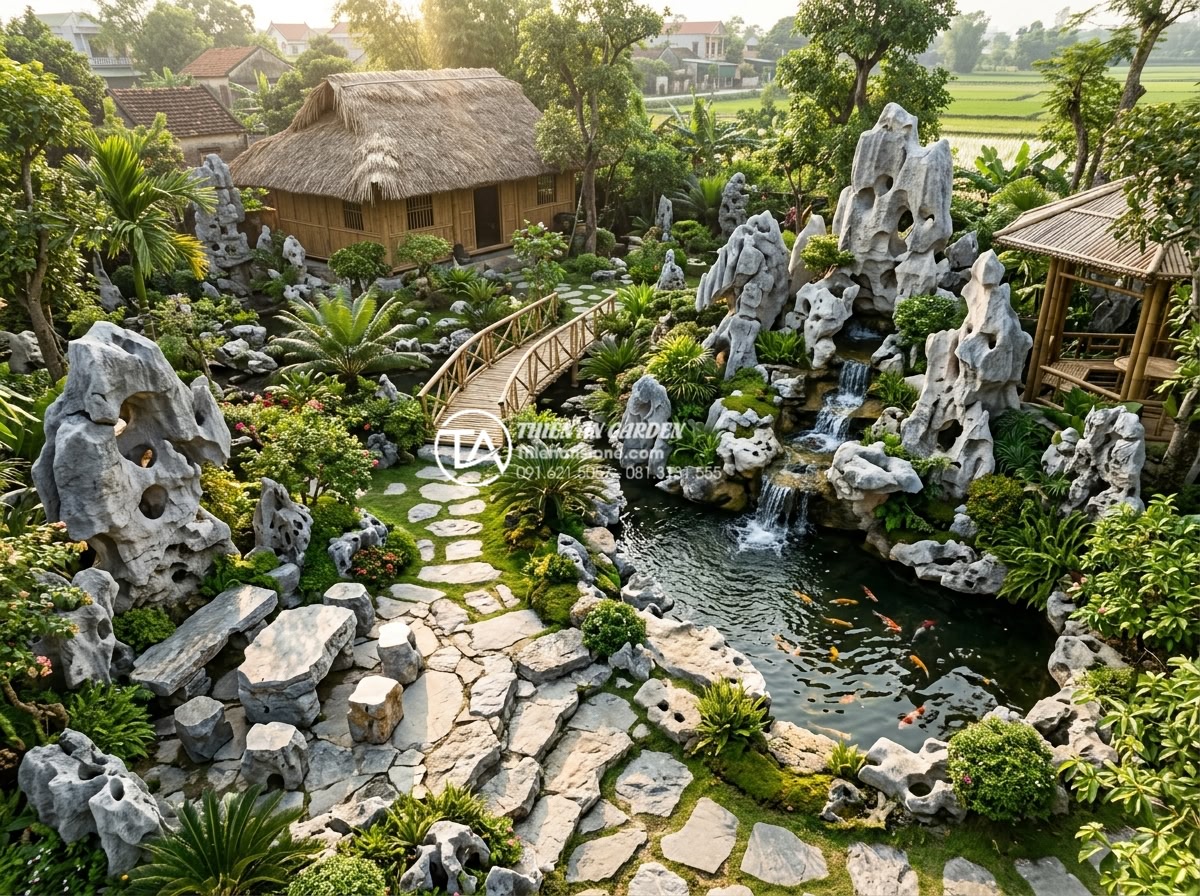 Cách chọn đá tự nhiên làm tiểu cảnh làng quê bền đẹp vĩnh cửu - High-resolution photorealistic overview of a complete Northern Vietnamese villag
