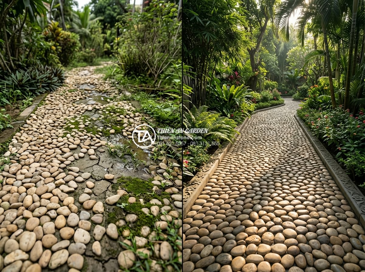 Cách chọn đá tự nhiên làm tiểu cảnh làng quê bền đẹp vĩnh cửu - Before-and-after photorealistic comparison of a natural stone garden project: le