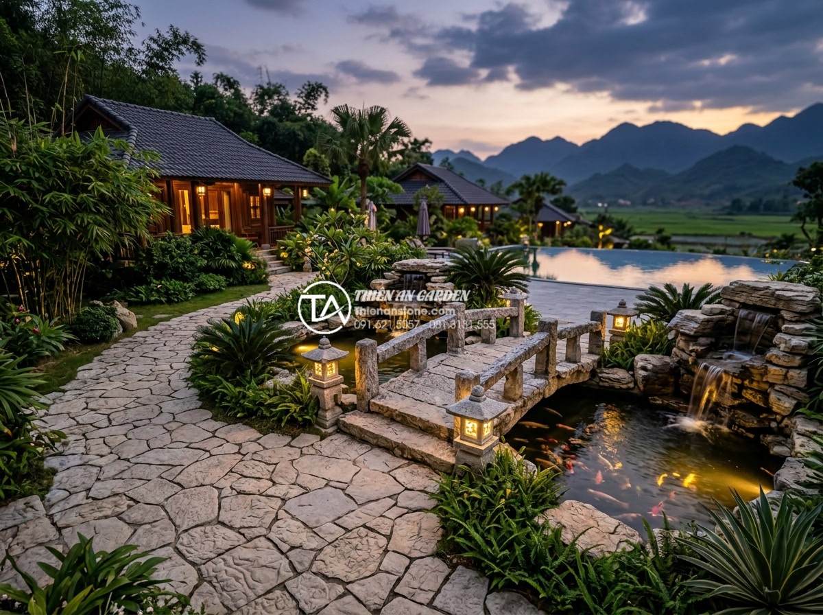 Cách chọn đá tự nhiên làm tiểu cảnh làng quê bền đẹp vĩnh cửu - Modern luxury resort garden in Northern Vietnamese style: elegant granite and ba