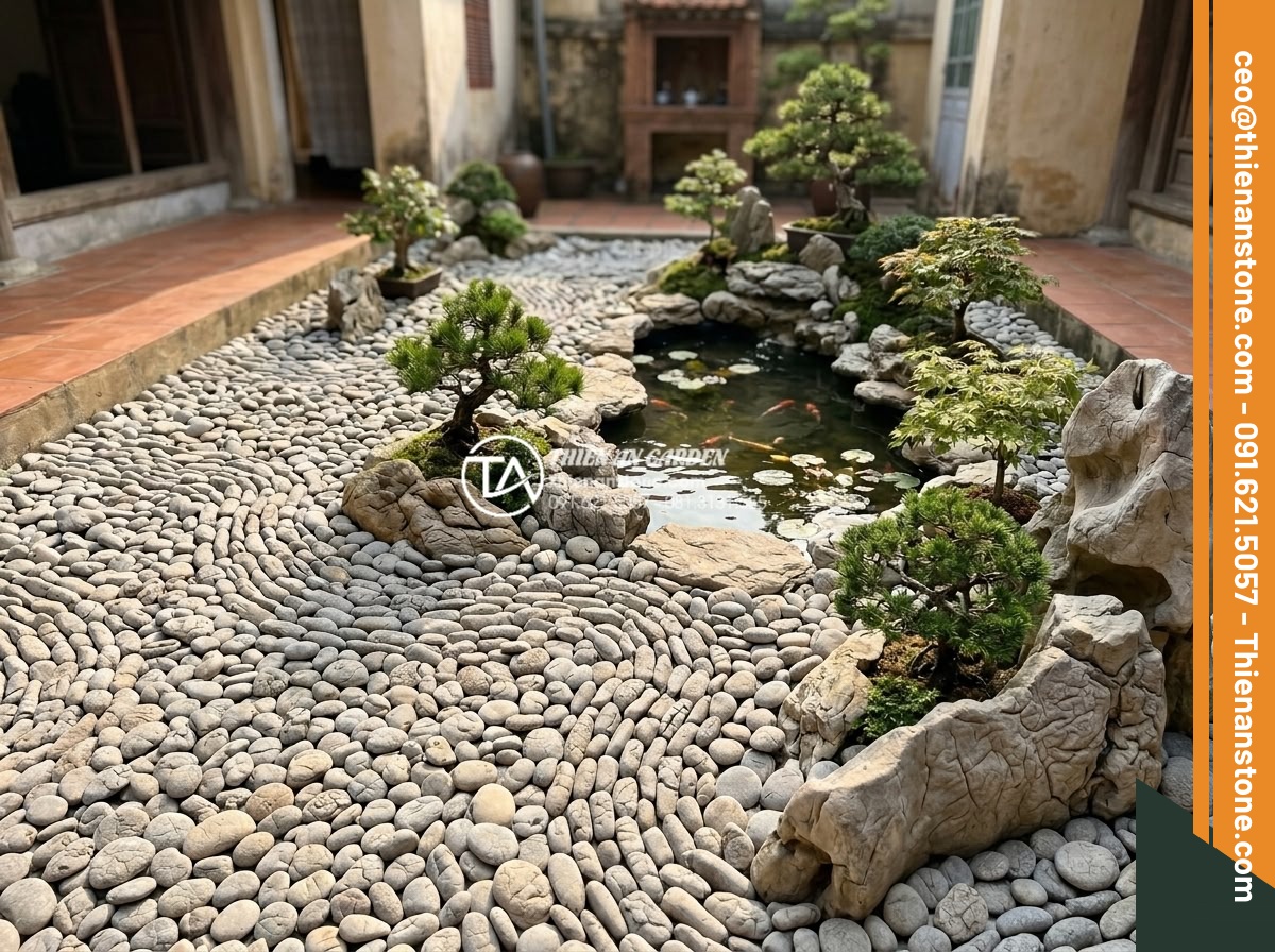 Cách chọn kích thước đá cuội phù hợp với diện tích tiểu cảnh của bạn - Wide angle view of a perfectly balanced Vietnamese zen garden featuring natural