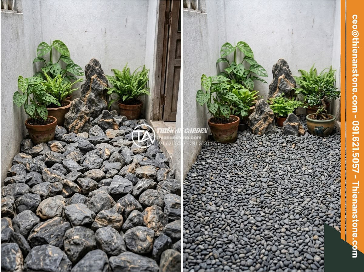 Cách chọn kích thước đá cuội phù hợp với diện tích tiểu cảnh của bạn - Side by side comparison of two small garden designs showing optimal versus subop
