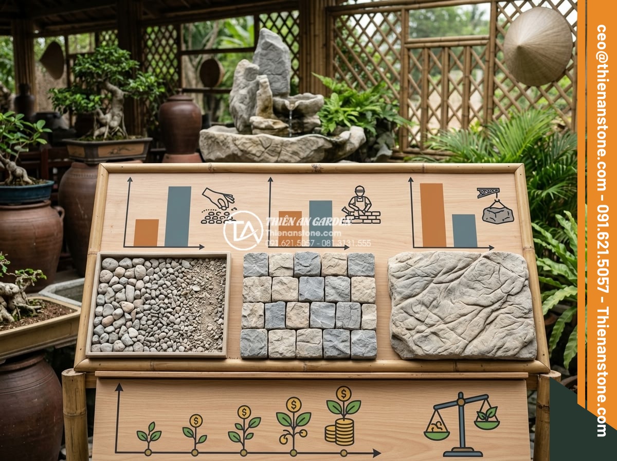 Cách chọn kích thước đá cuội phù hợp với diện tích tiểu cảnh của bạn - Professional cost breakdown chart for landscape projects comparing material and 