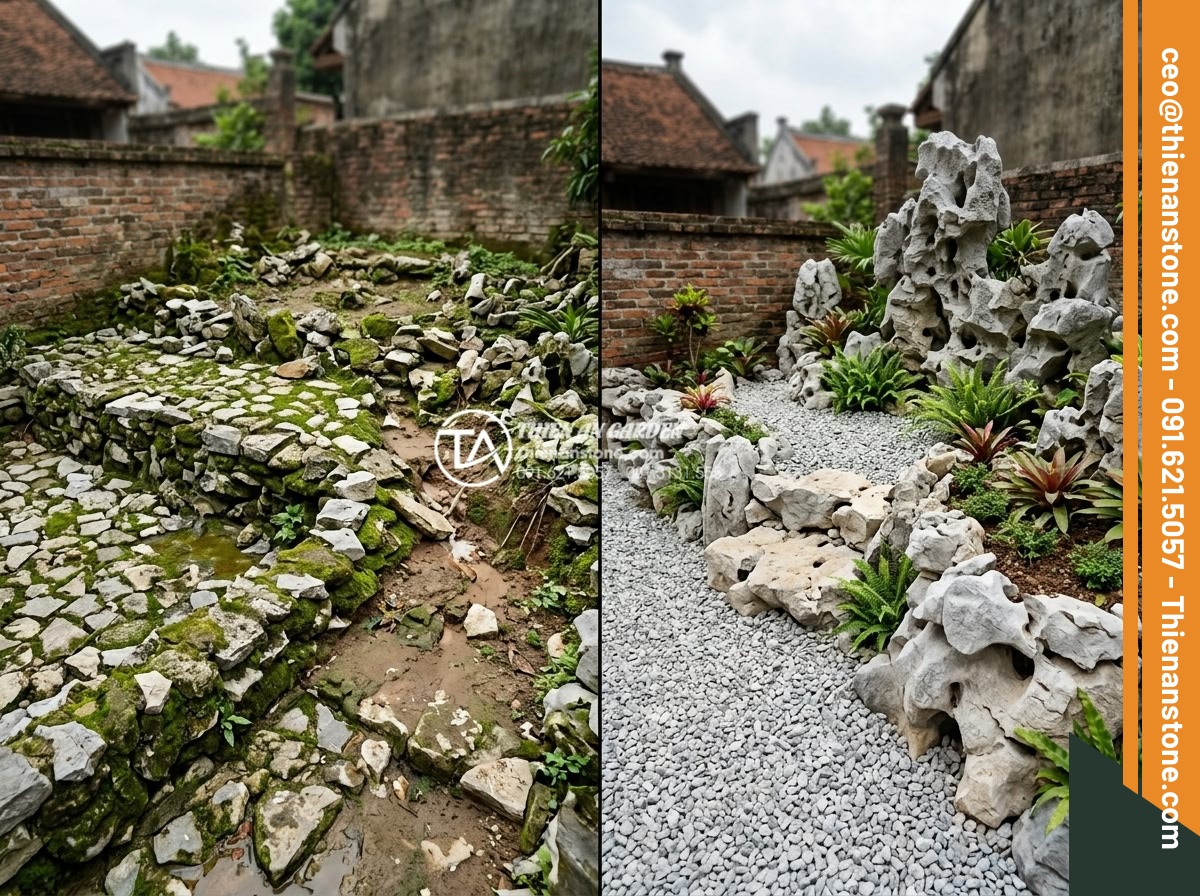 Cách chọn kích thước đá cuội phù hợp với diện tích tiểu cảnh của bạn - Before and after maintenance comparison photo of a garden where correct stone si