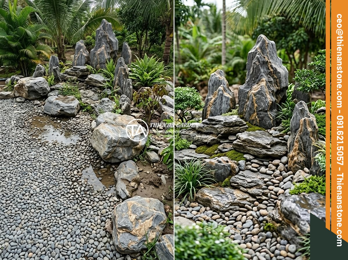 Cách chọn kích thước đá cuội phù hợp với diện tích tiểu cảnh của bạn - Educational split image showing common landscaping mistakes with oversized or un