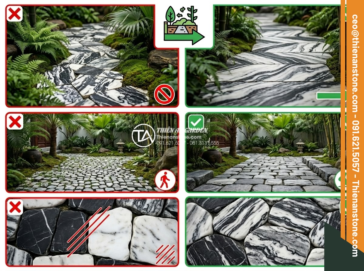 Cách chọn kích thước đá cuội phù hợp với diện tích tiểu cảnh của bạn - Step-by-step infographic illustrating how to avoid typical cobblestone selection