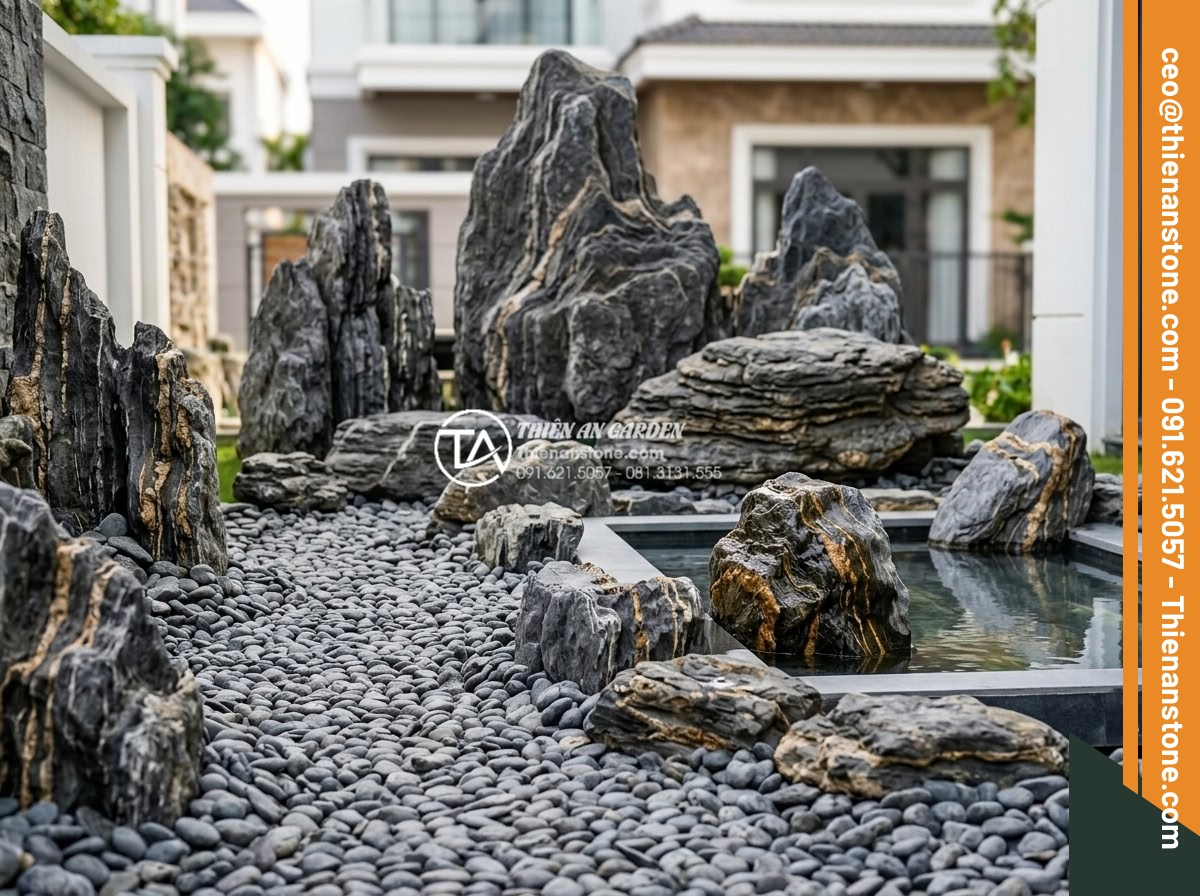 Cách chọn kích thước đá cuội phù hợp với diện tích tiểu cảnh của bạn - Professional landscape installation showing three distinct zones of cobblestone 