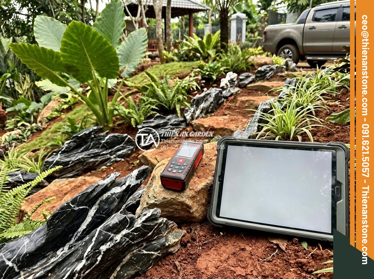 Cách chọn kích thước đá cuội phù hợp với diện tích tiểu cảnh của bạn - Real life photo of landscape architect using laser distance meter and tablet to 