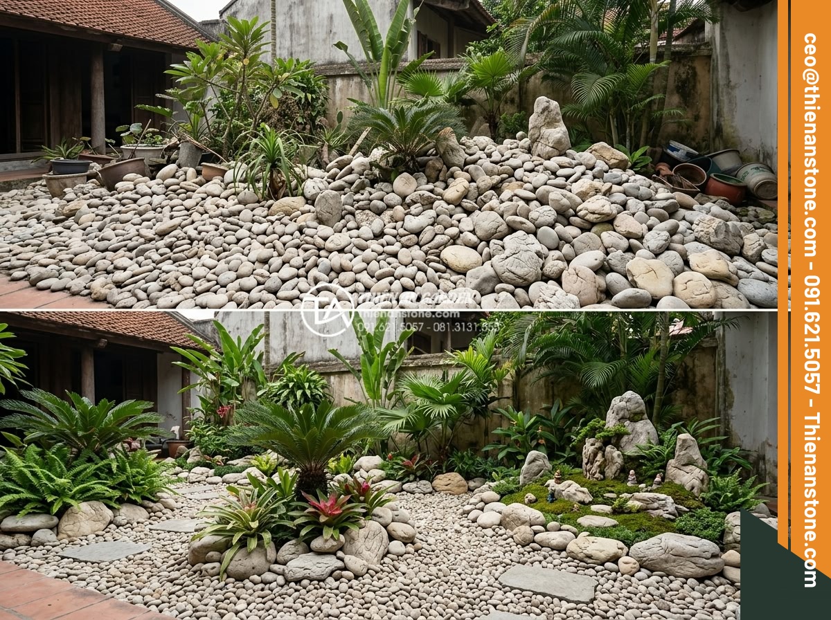 Cách chọn kích thước đá cuội phù hợp với diện tích tiểu cảnh của bạn - Comparison infographic style image displaying before and after garden redesign u