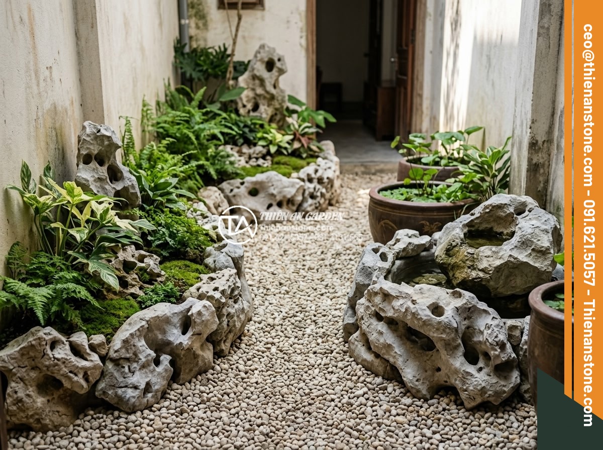 Cách chọn kích thước đá cuội phù hợp với diện tích tiểu cảnh của bạn - Beautiful residential courtyard transformation featuring layered pebble stones i