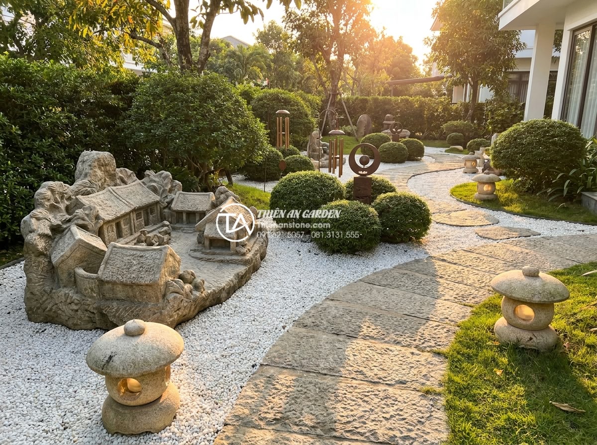 Cách chọn vị trí đặt tiểu cảnh làng quê theo mệnh gia chủ (Kim-Mộc-Thủy-Hỏa-Thổ) - Serene garden scene at golden hour featuring a white granite rural Vietnamese vi