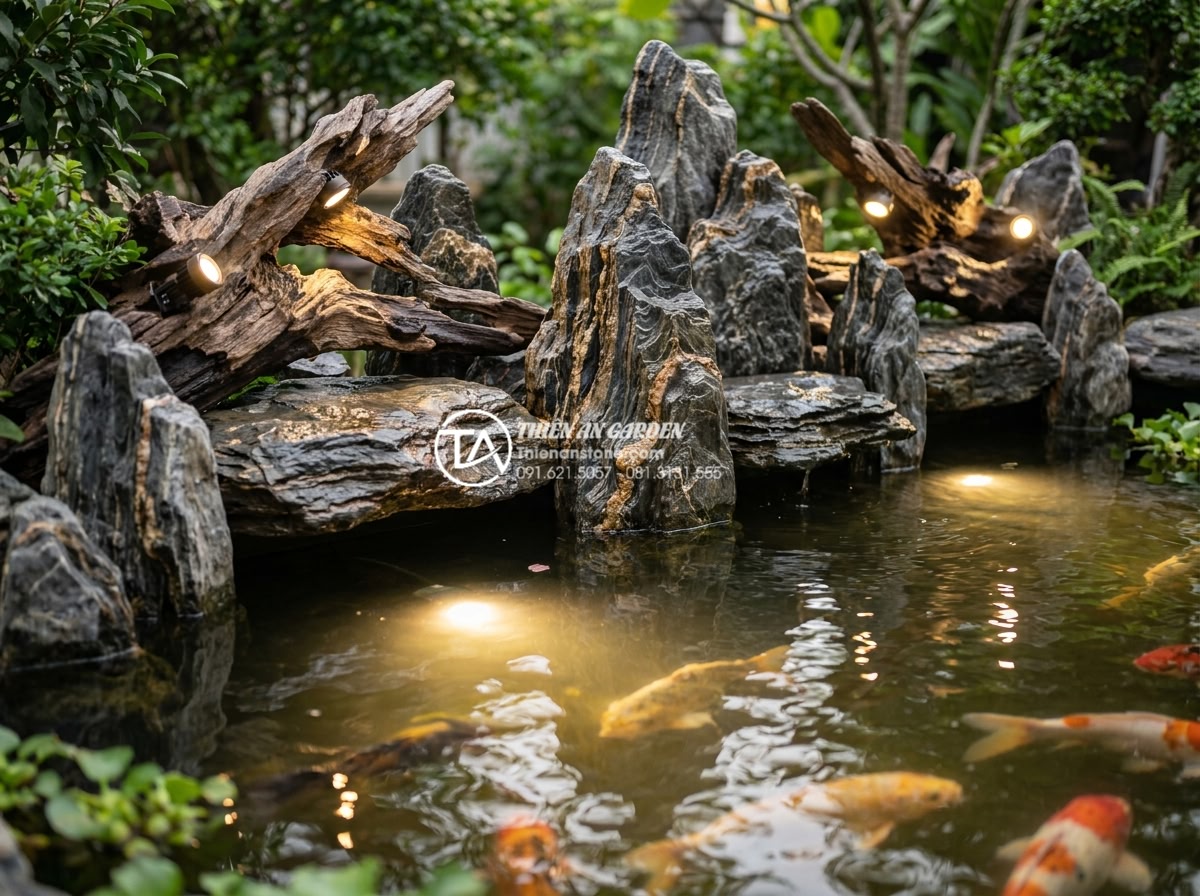 Cách kết hợp đèn LED chiếu sáng làm nổi bật tiểu cảnh gỗ lũa đêm - Integrated LED lighting system combining above-ground spotlights on driftwood wi
