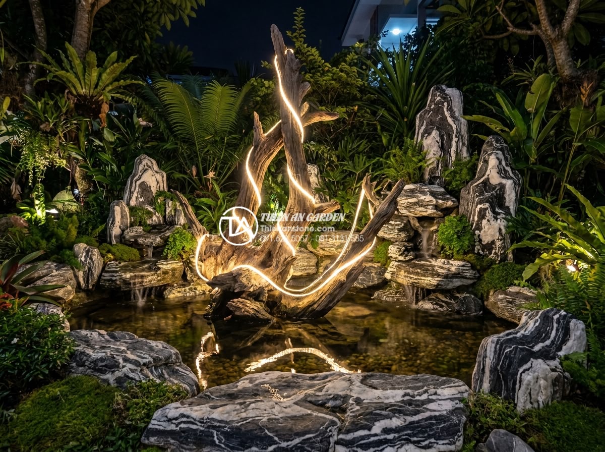 Cách kết hợp đèn LED chiếu sáng làm nổi bật tiểu cảnh gỗ lũa đêm - Full garden view of driftwood centerpiece illuminated by LED lights harmoniously