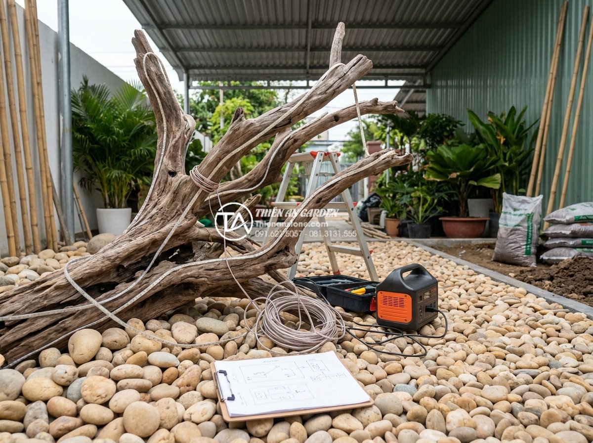 Cách kết hợp đèn LED chiếu sáng làm nổi bật tiểu cảnh gỗ lũa đêm - Professional team installing LED lights on a large driftwood installation in a g