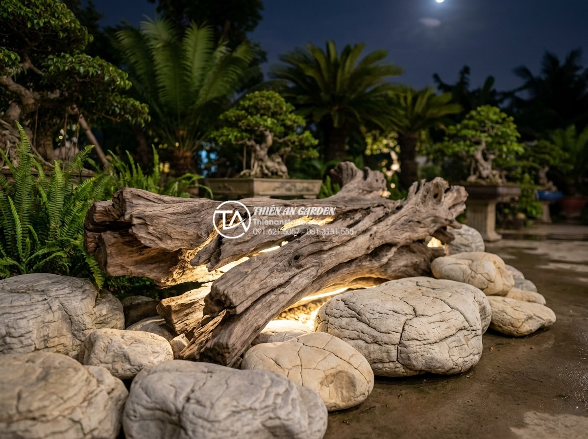 Cách kết hợp đèn LED chiếu sáng làm nổi bật tiểu cảnh gỗ lũa đêm - Completed professional installation of LED lighting on driftwood centerpiece rea