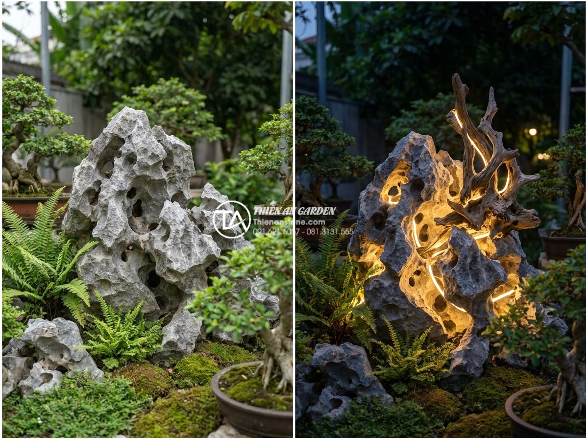 Cách kết hợp đèn LED chiếu sáng làm nổi bật tiểu cảnh gỗ lũa đêm - Before and after comparison of a real garden project featuring illuminated drift
