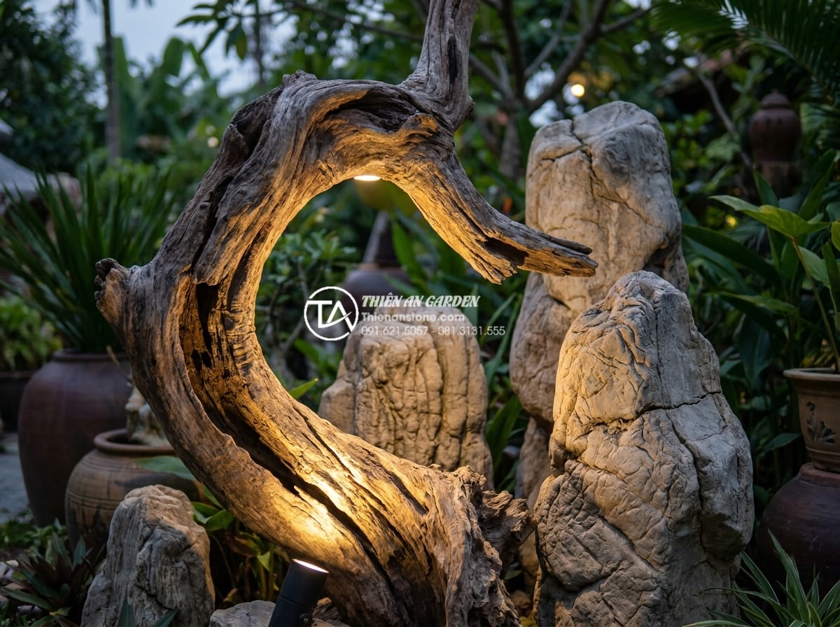 Cách kết hợp đèn LED chiếu sáng làm nổi bật tiểu cảnh gỗ lũa đêm - Close-up of driftwood sculpture with multiple angled LED lights creating dramati