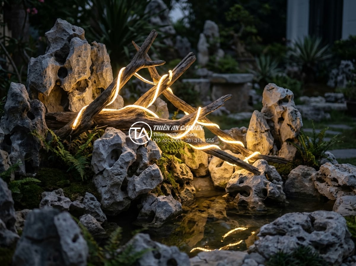 Cách kết hợp đèn LED chiếu sáng làm nổi bật tiểu cảnh gỗ lũa đêm - Energy-efficient LED strip lights wrapped around base of driftwood arrangement g
