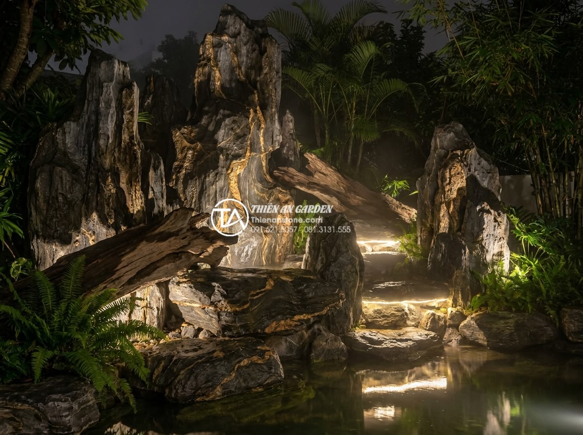 Cách kết hợp đèn LED chiếu sáng làm nổi bật tiểu cảnh gỗ lũa đêm - Dramatic nighttime transformation of driftwood and natural stone rockery with la