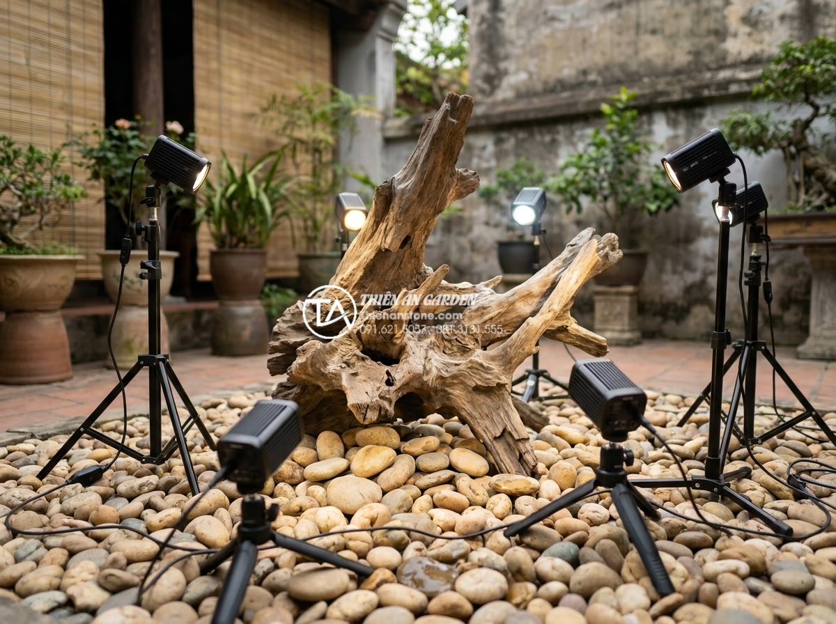 Cách kết hợp đèn LED chiếu sáng làm nổi bật tiểu cảnh gỗ lũa đêm - High-quality LED lighting fixtures being tested on a sample driftwood sculpture 