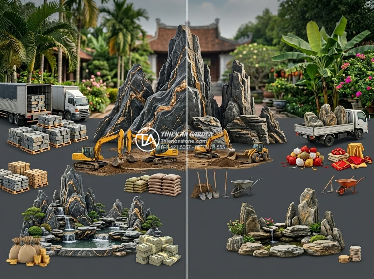 Cách tái sử dụng đá tự nhiên từ tiểu cảnh tết cho sân vườn sau lễ - Professional comparison infographic style image showing cost breakdown between b