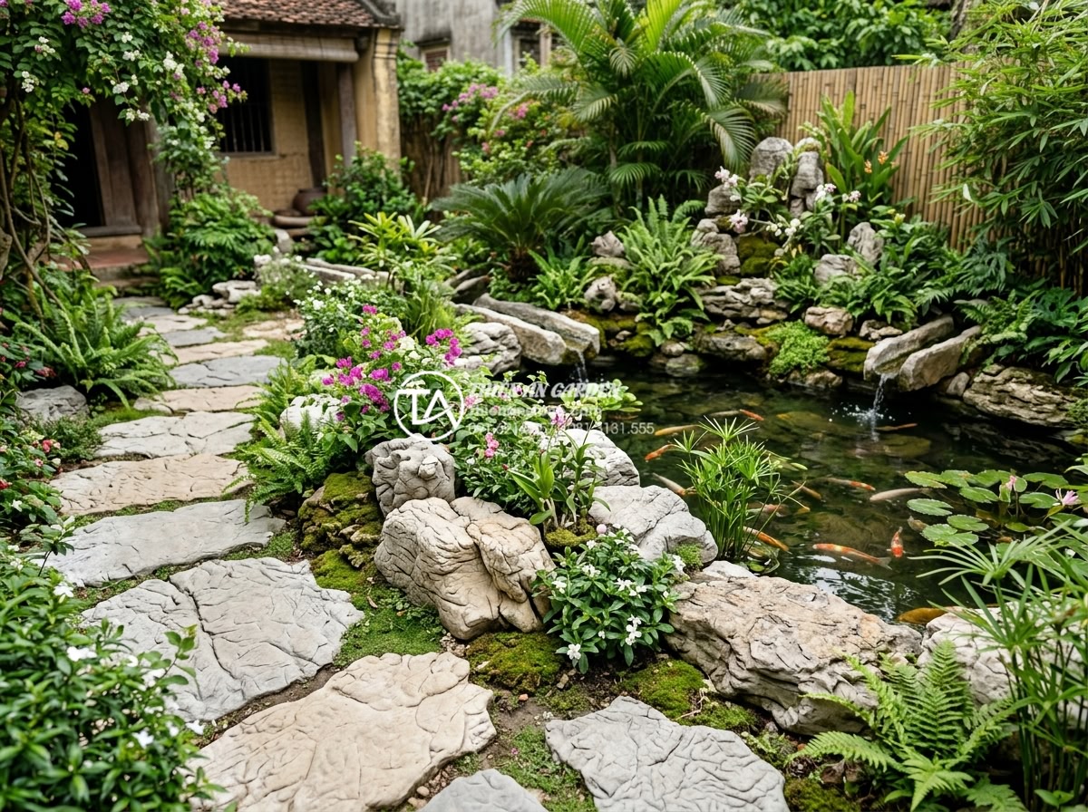 Cách tái sử dụng đá tự nhiên từ tiểu cảnh tết cho sân vườn sau lễ - Beautiful sustainable backyard garden design showcasing creatively reused natura