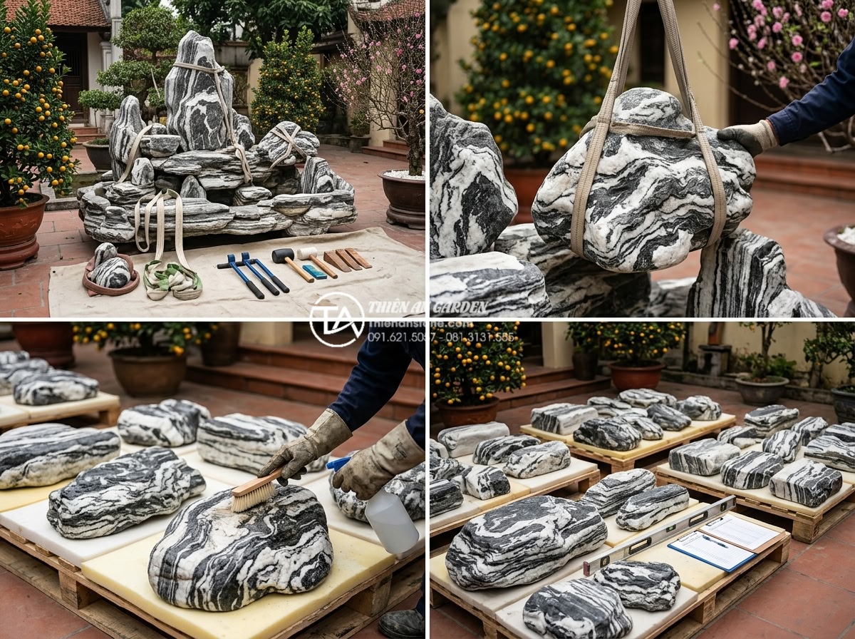 Cách tái sử dụng đá tự nhiên từ tiểu cảnh tết cho sân vườn sau lễ - Step-by-step professional photography showing safe disassembly process of natura