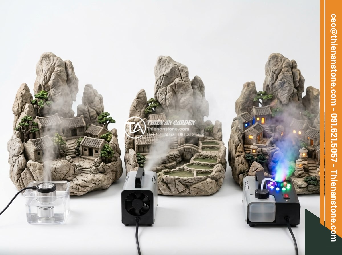 Cách tạo hiệu ứng khói sương huyền ảo cho tiểu cảnh làng quê mini - Professional comparison of three different mist maker machines for miniature lan