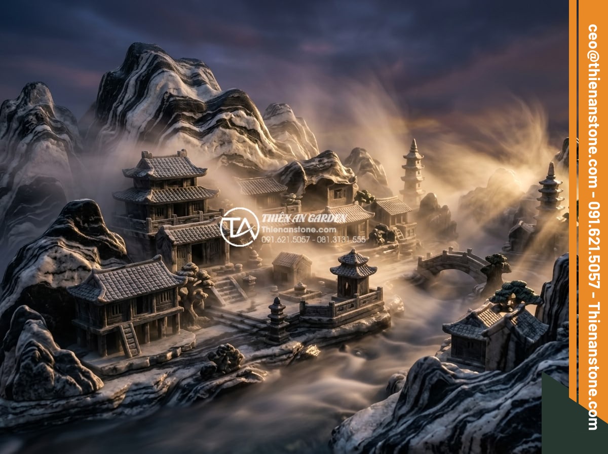 Cách tạo hiệu ứng khói sương huyền ảo cho tiểu cảnh làng quê mini - Artistic long exposure photograph of a stone miniature northern Vietnamese villa