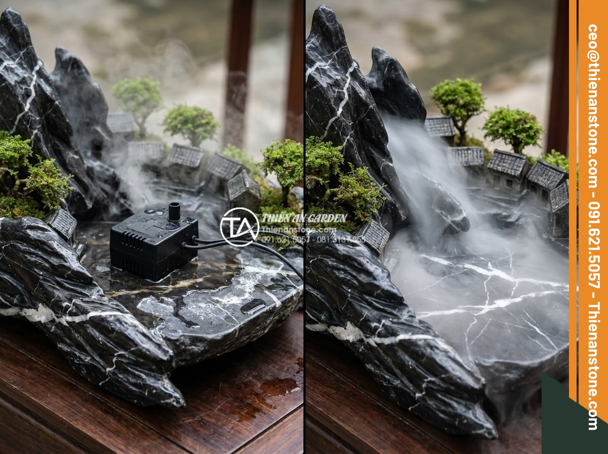 Cách tạo hiệu ứng khói sương huyền ảo cho tiểu cảnh làng quê mini - Before and after comparison of common mist maker mistakes in miniature stone vil