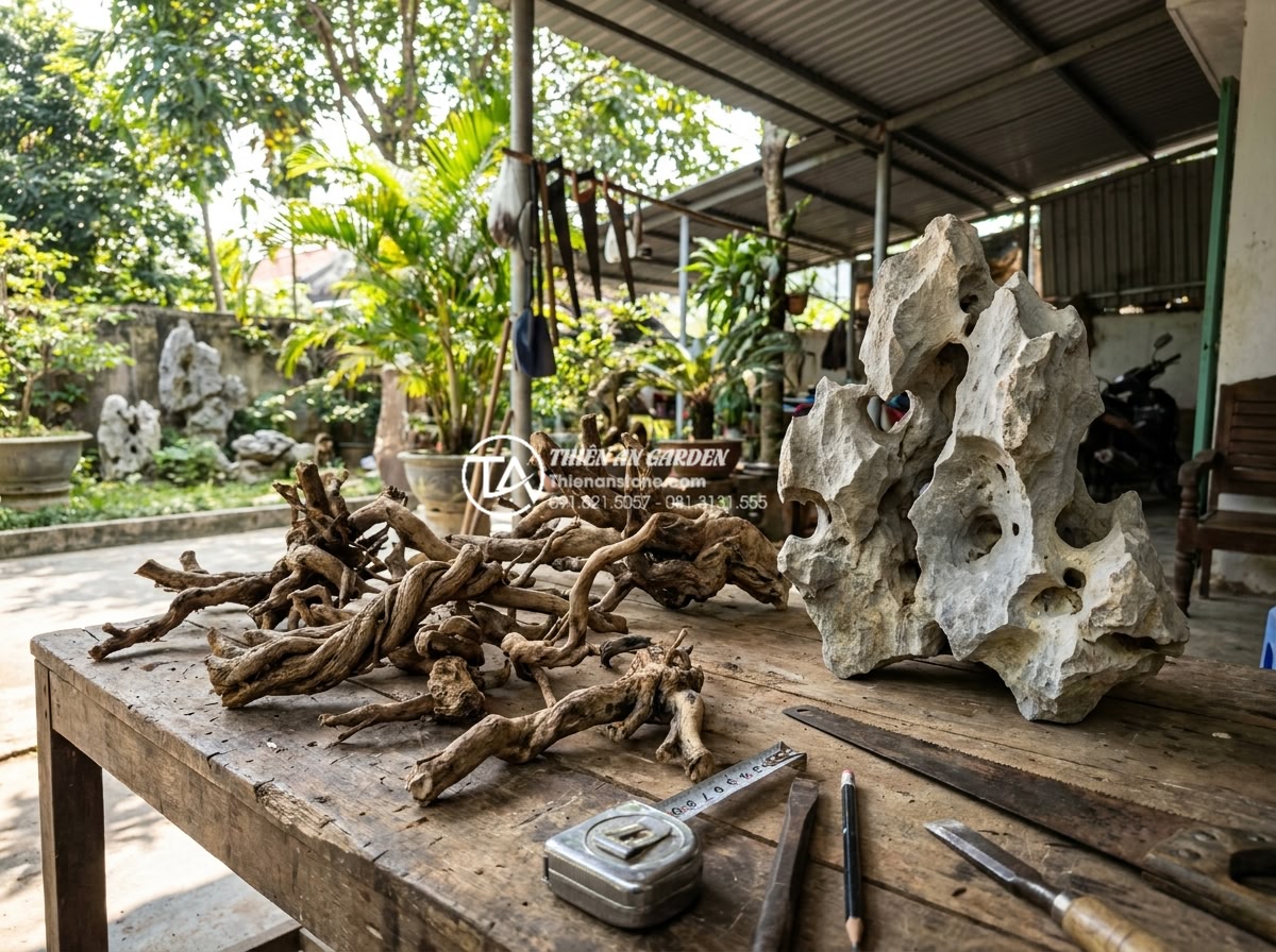 Cách tự tạo lũa từ gốc cây khô cho người yêu thích DIY - High-resolution photo of a person in a sunny backyard workshop carefully selecti
