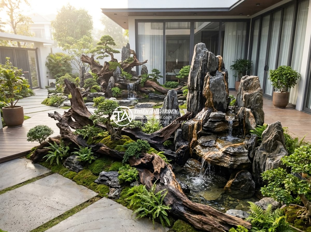 Cách tự tạo lũa từ gốc cây khô cho người yêu thích DIY - Artistic wide-angle shot of a beautifully arranged garden miniature scene featur