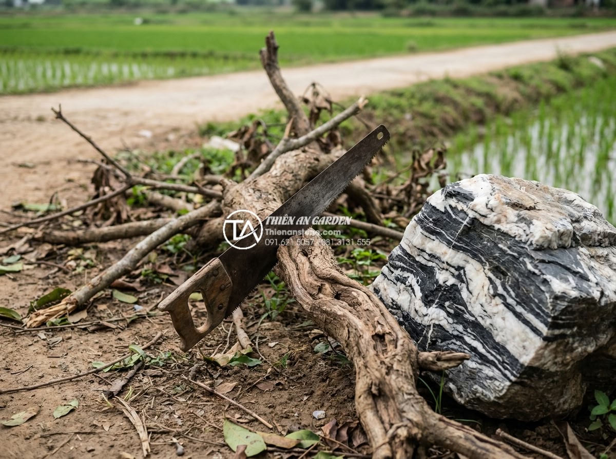 Cách tự tạo lũa từ gốc cây khô cho người yêu thích DIY - Realistic outdoor scene showing a person wearing gloves and safety goggles using